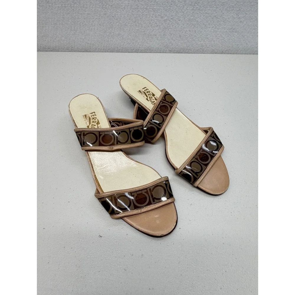 Salvatore Ferragamo Gancini Logo Lucite Block Heel Slide Sandals Tan 9.5 B
